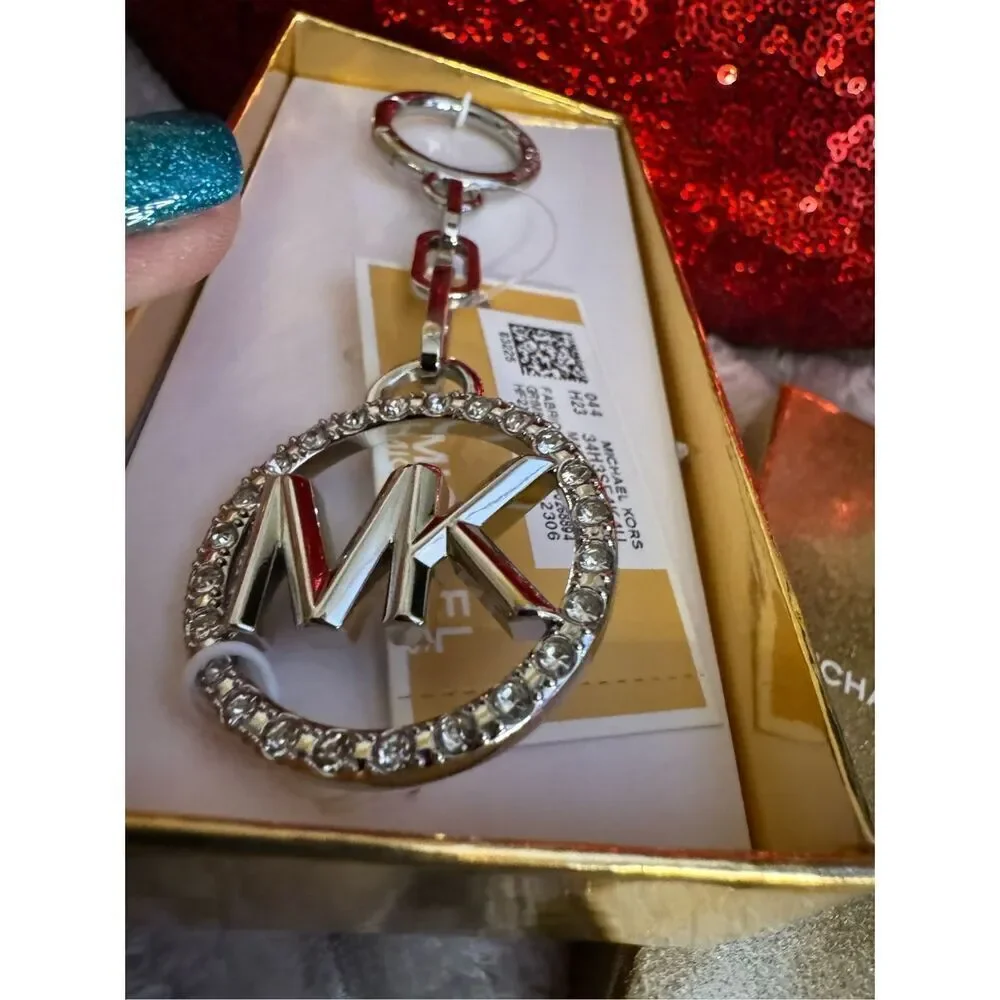 ️MK michael kors boxed pave circle logo  KEYCHAIN bag charm silver siganture